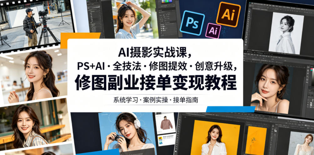 AI摄影实战课，PS+AI・全技法・修图提效・创意升级，修图副业接单变现教程-小二项目网
