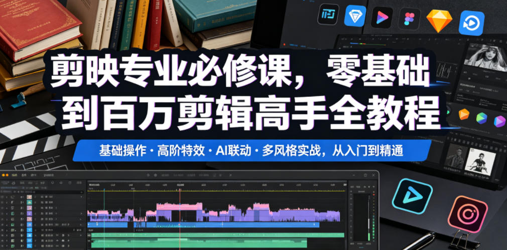 剪映专业必修课，零基础到百万剪辑高手全教程，基础操作・高阶特效・AI联动・多风格实战，从入门到精通-小二项目网
