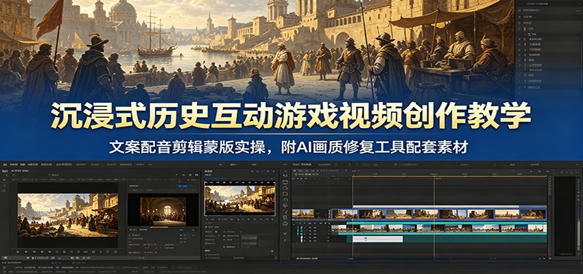 沉浸式历史互动游戏视频创作教学：文案配音剪辑蒙版实操，附AI画质修复工具配套素材-小二项目网