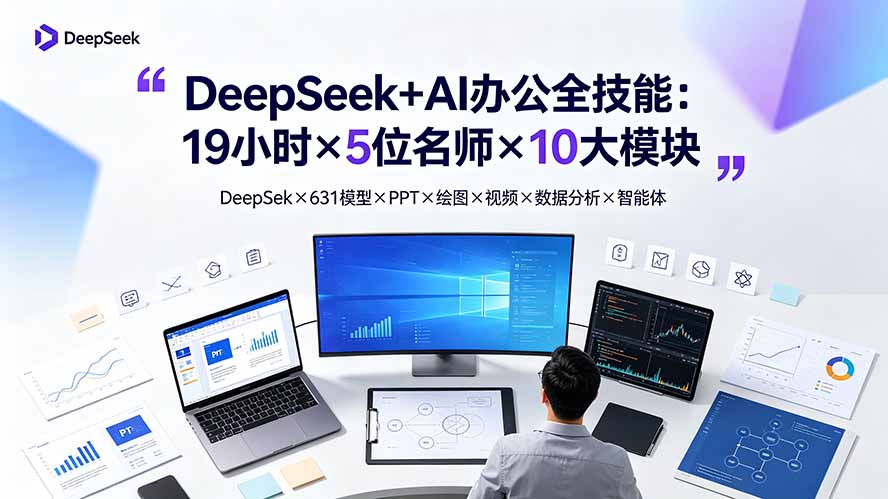 （19411期）DeepSeek+AI办公全技能：19小时×5位名师×10大模块，DeepSeek×631模型×PPT×绘图×视频×数据分析×智能体-小二项目网