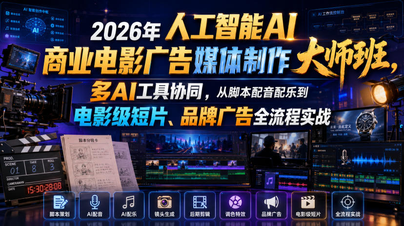 2026年人工智能AI商业电影广告媒体制作大师班，多AI工具协同，从脚本配音配乐到电影级短片、品牌广告全流程实战（中英字幕）-小二项目网