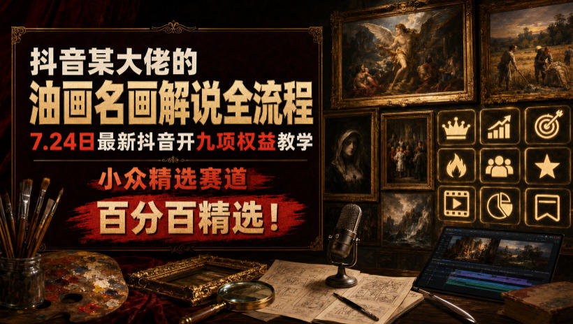 抖音某大佬的油画名画解说全流程，7.24日最新抖音开九项权益教学，小众精选赛道，百分百精选！-小二项目网