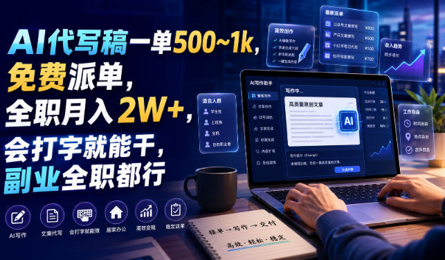 AI代写稿一单500~1k，免费派单，全职月入2W+，会打字就能干，副业全职都行【揭秘】-小二项目网