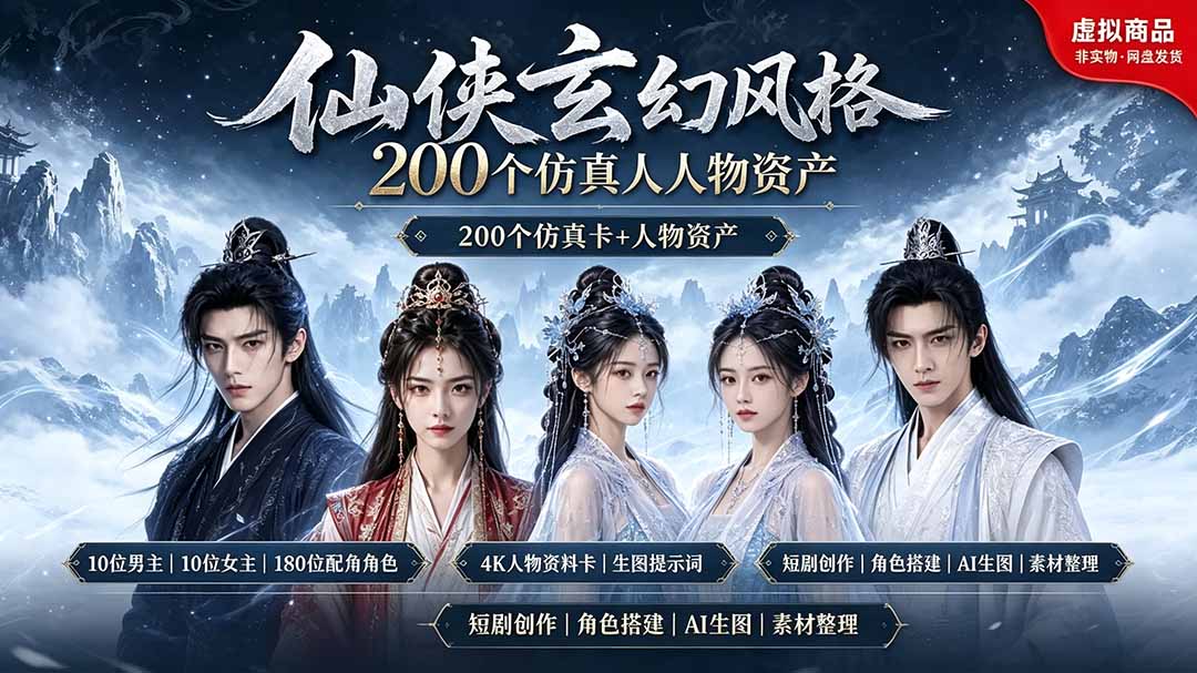 （19301期）200个仙侠玄幻仿真人素材◆10男主×10女主×180配角，4K资料卡+AI生图提示词，漫剧必备-小二项目网