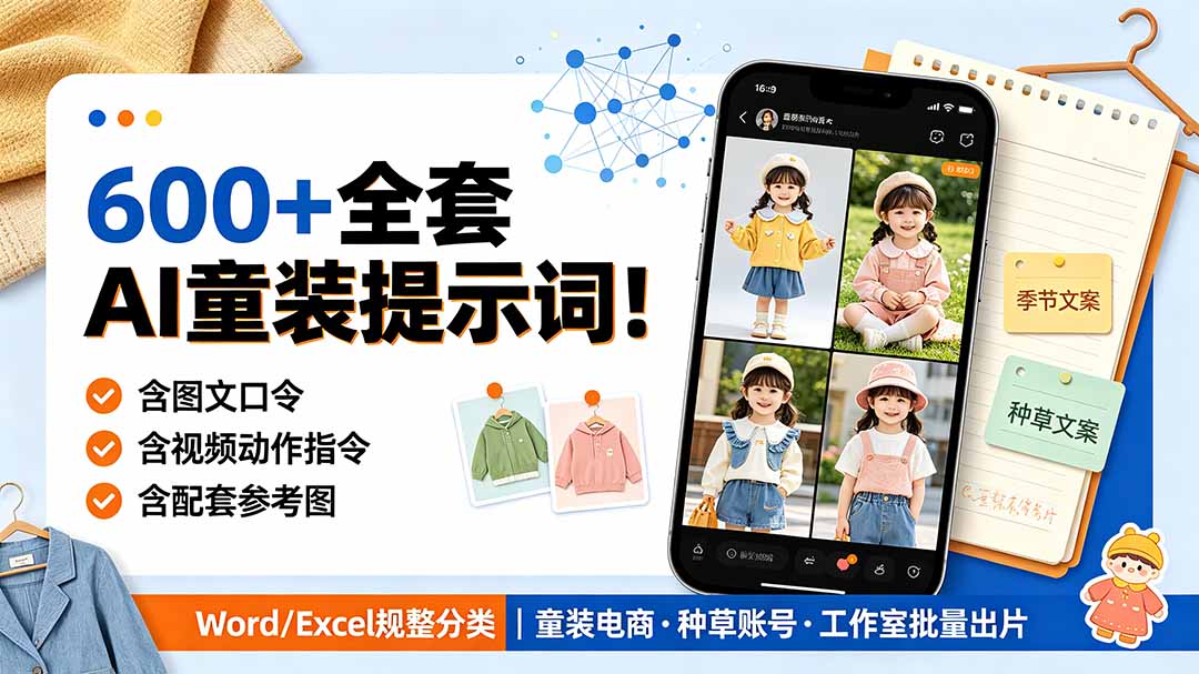 （19302期）600+全套AI童装提示词！含图文口令+视频动作指令+配套参考图，Word/Excel规整分类，童装电商、种草无脑量产内容-小二项目网