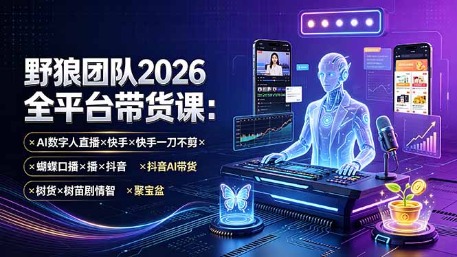 （19511期）野狼团队2026全平台带货课-7月：AI数字人直播×快手一刀不剪×蝴蝶口播×抖音AI带货×树苗剧情智剪×聚宝盆-小二项目网