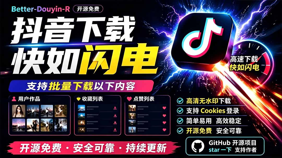 （19445期）别再乱找了！D音下载快如闪电，支持批量下载用户作品收藏列表和点赞列表，开源免费 Better-douyin-R-小二项目网