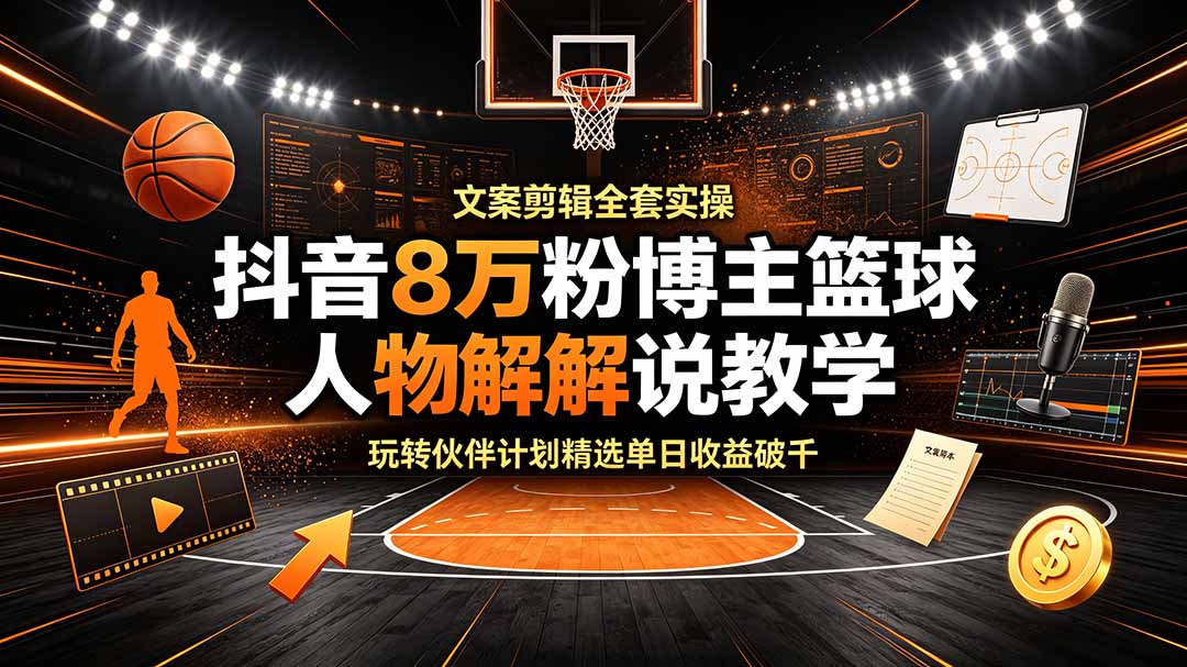 （19135期）抖音8万粉博主篮球人物解说教学，文案剪辑全套实操，玩转伙伴计划精选单日收益破千-小二项目网