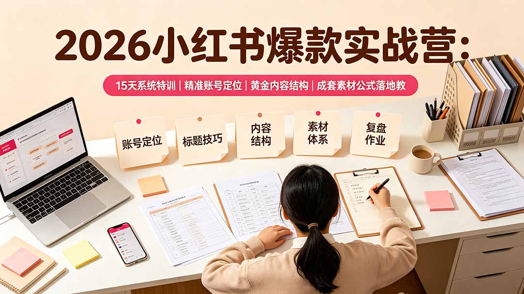 （19332期）2026小红书爆款实战营：15天系统特训｜精准账号定位｜黄金内容结构｜成套素材公式落地教程-小二项目网