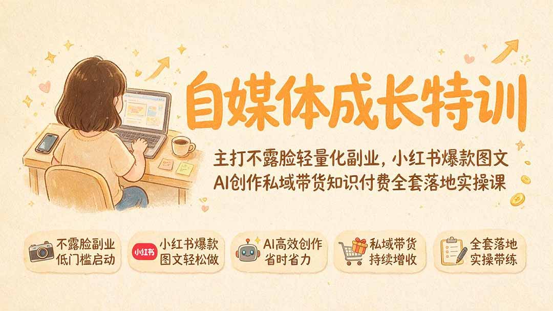 （19584期）自媒体成长特训｜主打不露脸轻量化副业，小红书爆款图文AI创作私域带货知识付费全套落地实操课-小二项目网