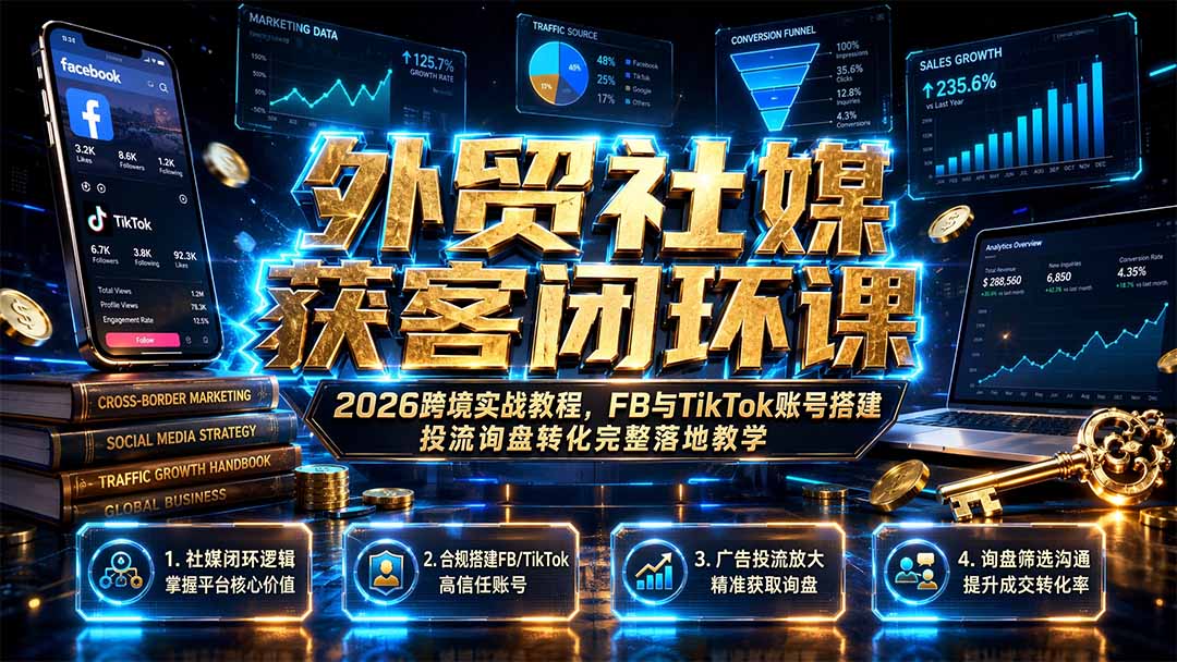 （19611期）外贸社媒获客闭环课｜2026跨境实战教程，FB与TikTok账号搭建投流询盘转化完整落地教学-小二项目网
