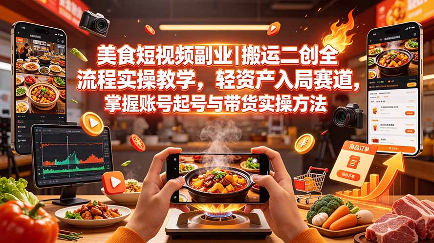 (19535期)美食短视频副业|搬运二创全流程实操教学,轻资产入局赛道,掌握账号起号与带货实操方法-小二项目网