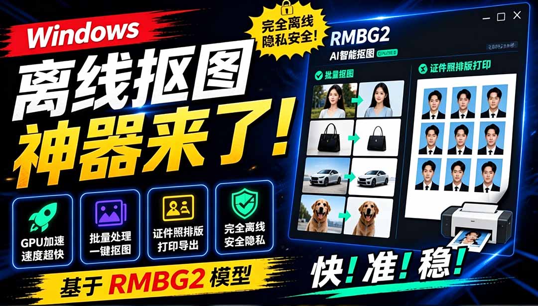 （19357期）Windows离线抠图神器来了！支持批量抠图 + 证件照排版打印，基于RMBG2模型，GPU加速 方块AI抠图-小二项目网