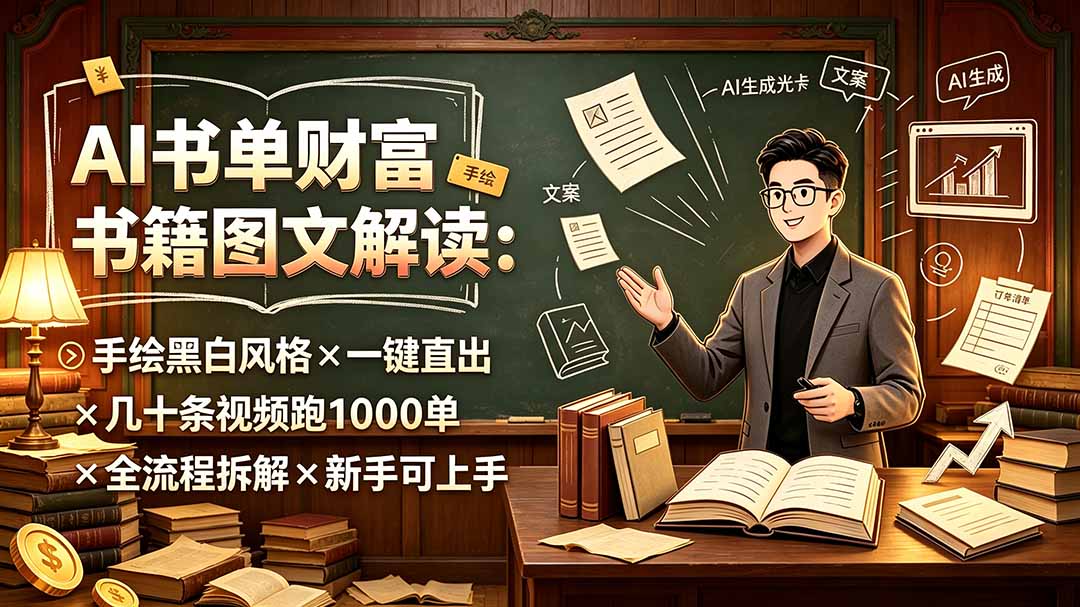（19515期）AI书单财富书籍图文解读：手绘黑白风格×一键直出×几十条视频跑1000单×全流程拆解×新手可上手-小二项目网