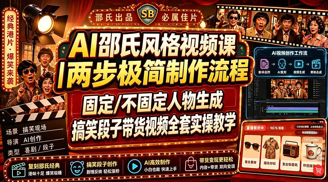 （19602期）AI邵氏风格视频课｜两步极简制作流程，固定/不固定人物生成，搞笑段子带货视频全套实操教学-小二项目网