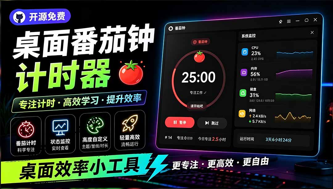 （19564期）仅1.16MB，开源极简的桌面时钟、番茄钟计时器，还支持系统监控显示，桌面效率小工具 Catime-小二项目网