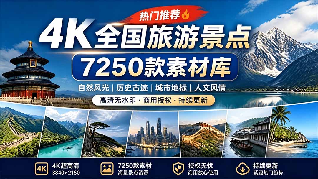 （19309期）热门全国旅游风景素材！4K全国旅游景点素材库，7250款素材，旅行达人城市航拍风景风光高清短视频-小二项目网