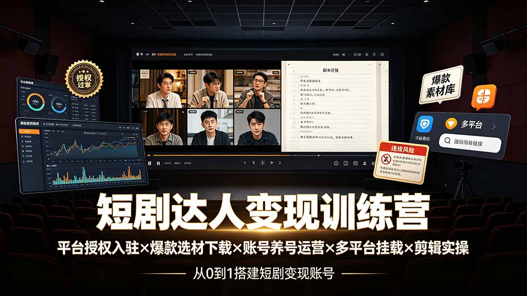 （19551期）短剧达人变现训练营：平台授权入驻×爆款选材下载×账号养号运营×多平台挂载×剪辑实操×违规处理全流程-小二项目网