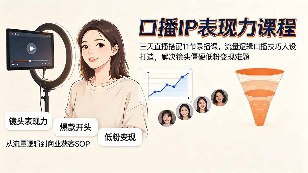 （19604期）口播IP表现力课程｜三天直播搭配11节录播课，流量逻辑口播技巧人设打造，解决镜头僵硬低粉变现难题-小二项目网