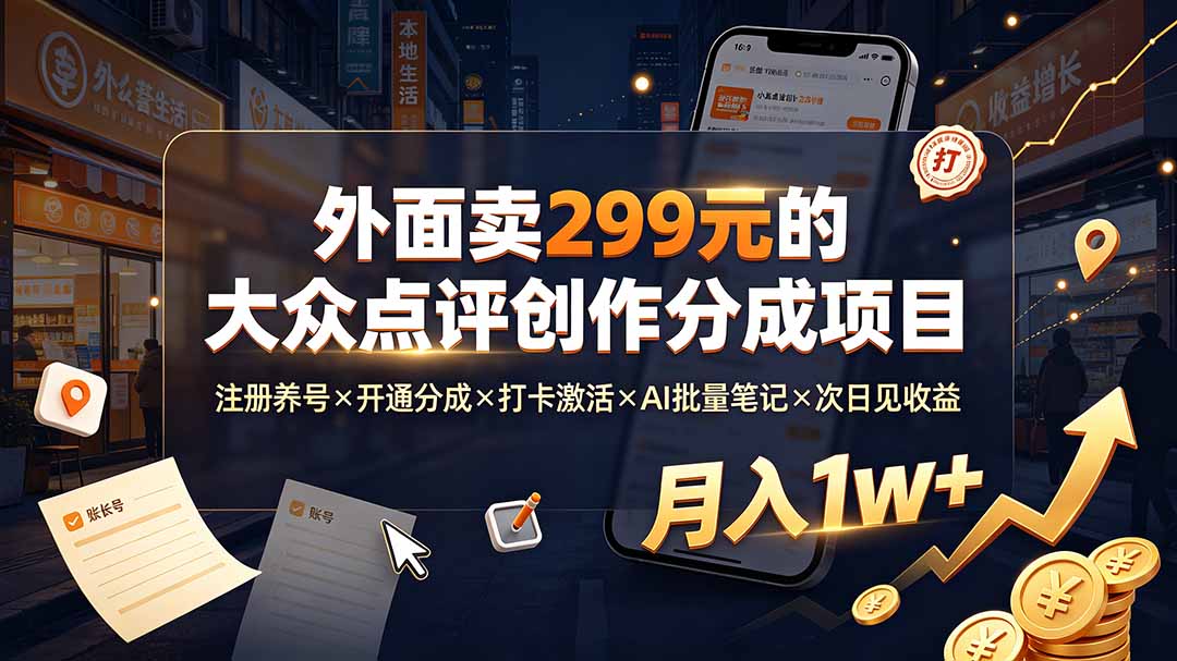 （19488期）外面卖299元的大众点评创作分成项目：注册养号×开通分成×打卡激活×AI批量笔记×次日见收益，月入1w+-小二项目网