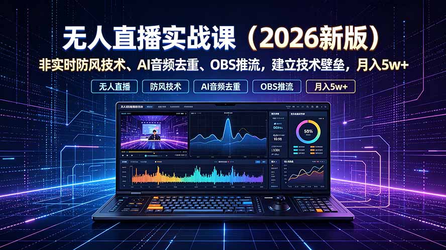 （19292期）无人直播实战课（更新7月），非实时防风技术、AI音频去重、OBS推流，建立技术壁垒，月入5w+-小二项目网
