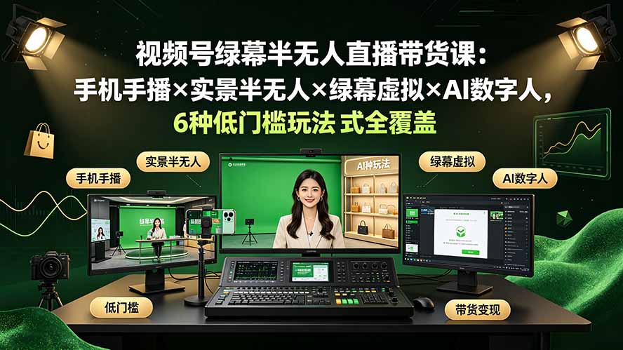 （19271期）视频号绿幕半无人直播带货课：手机手播×实景半无人×绿幕虚拟×AI数字人，6种低门槛玩法全覆盖-小二项目网