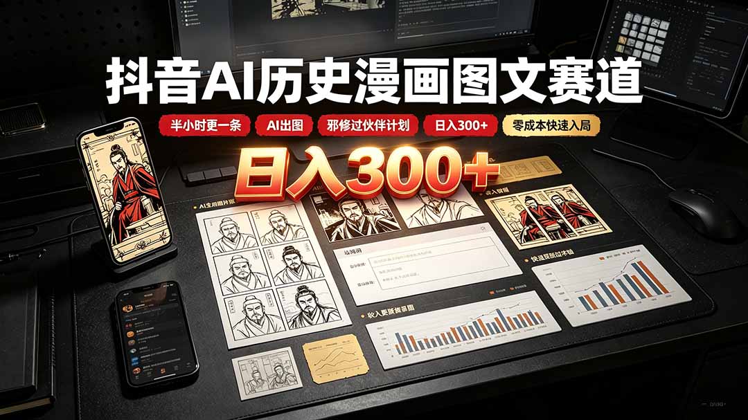 （19498期）抖音AI历史漫画图文赛道：半小时更一条×AI出图×邪修过伙伴计划×日入300+，零成本快速入局-小二项目网