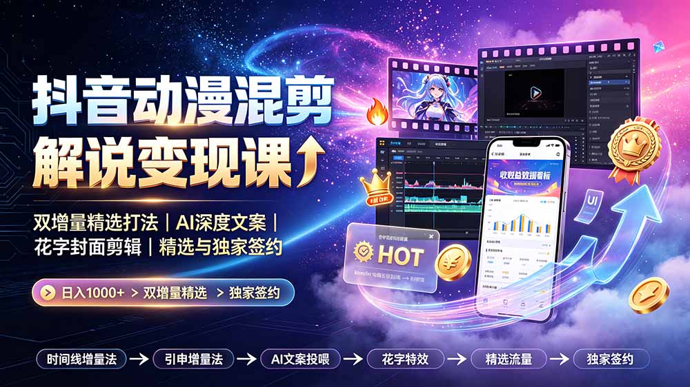 （19311期）抖音动漫混剪解说变现课：双增量精选打法｜AI深度文案｜花字封面剪辑｜ 精选与独家签约日入1000+-小二项目网