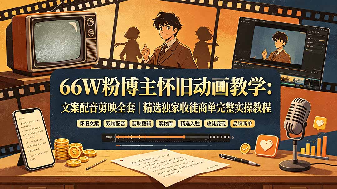 （19499期）66W粉博主怀旧动画教学：文案配音剪映全套｜精选独家收徒商单完整实操教程-小二项目网