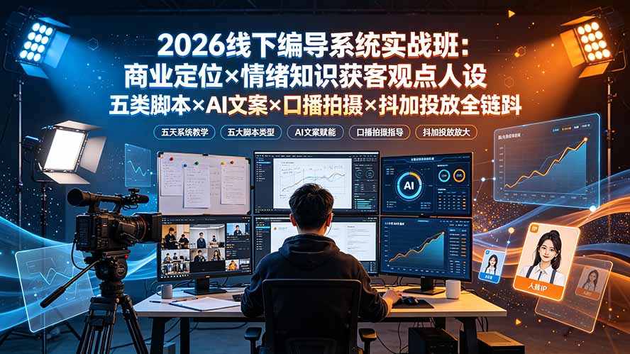 （19501期）2026线下编导系统实战班：商业定位×情绪知识获客观点人设五类脚本×AI文案×口播拍摄×抖加投放全链路-小二项目网