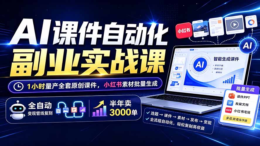 （19518期）AI课件自动化副业实战课：1小时量产全套原创课件×小红书素材批量生成×全自动变现管线×半年卖3000单-小二项目网
