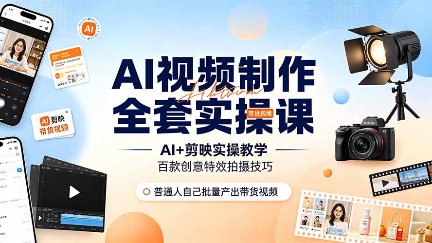 （19200期）AI视频制作全套实操课，多款AI工具搭配剪映教学，百种特效运镜拍摄实操，抖音账号带货运营全覆盖-小二项目网