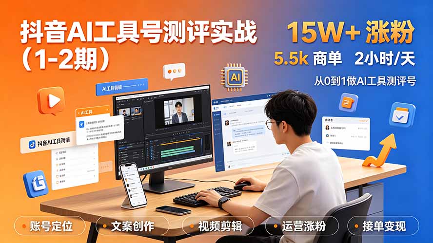 （19380期）抖音AI工具号测评实战（1-2期）：单号涨粉15W+×商单5.5k×伙伴计划×普通人可复制，每天2小时长期可持续-小二项目网