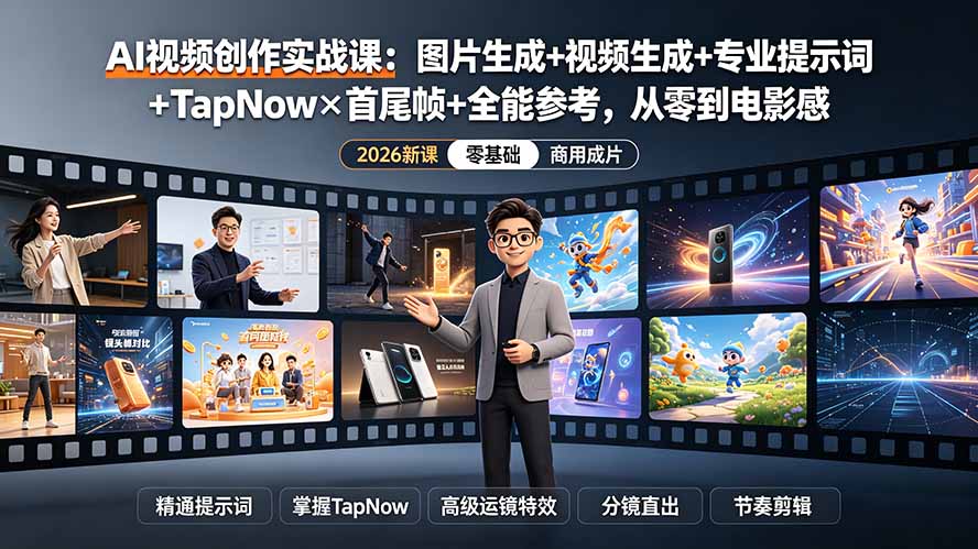 （19383期）AI视频创作实战课：图片生成+视频生成+专业提示词+TapNow×首尾帧+全能参考，从零到电影感成片-小二项目网