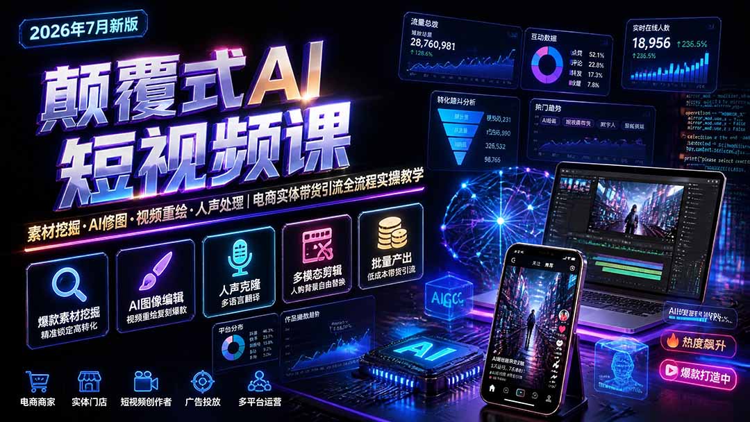 （19630期）颠覆式AI短视频课｜素材挖掘，AI修图，视频重绘，人声处理｜电商实体带货引流全流程实操教学-小二项目网