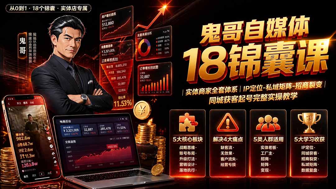 （19632期）鬼哥自媒体18锦囊课｜实体商家全套体系｜IP 定位-私域矩阵-招商裂变｜同城获客起号完整实操教学-小二项目网