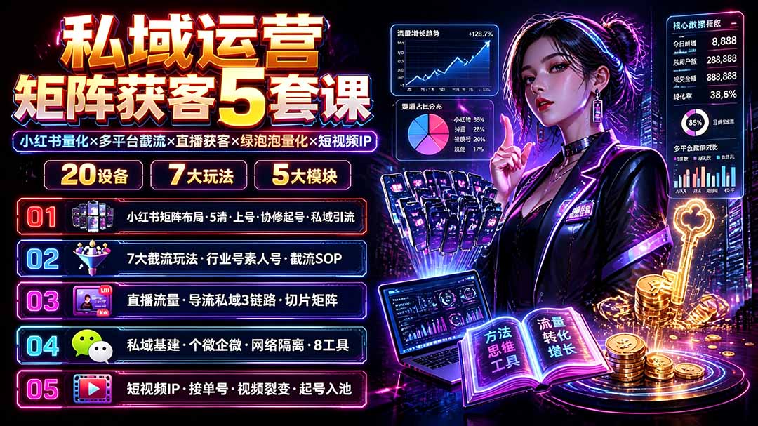（19617期）私域运营矩阵获客5套课：小红书量化×多平台截流×直播获客×绿泡泡量化×短视频IP×20设备×7大玩法-小二项目网