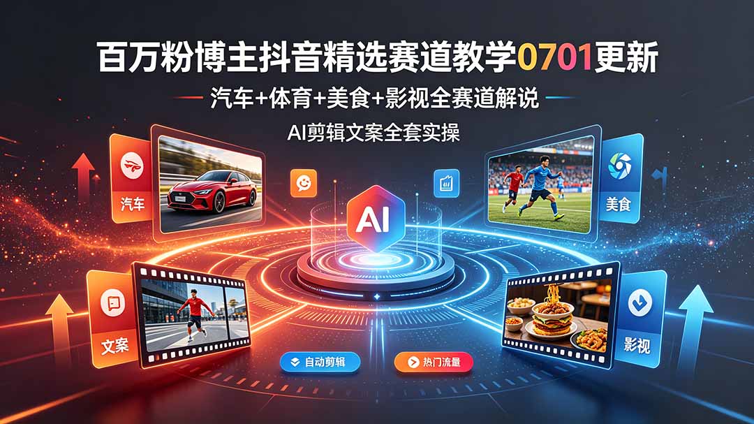 （19144期）百万粉博主抖音精选赛道教学-0701更新，汽车+体育+美食+影视全赛道解说，AI剪辑文案全套实操-小二项目网