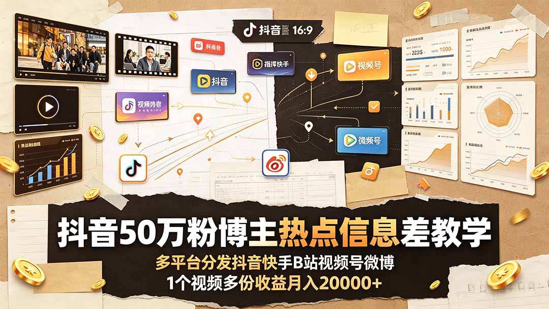 （19145期）抖音50万粉博主热点信息差教学：多平台分发抖音快手B站视频号微博，1个视频多份收益月入20000+-小二项目网