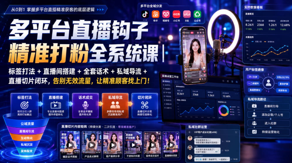 多平台直播钩子精准打粉全系统课｜标签打法+直播间搭建+全套话术+私域导流+直播切片闭环，告别无效流量，让精准顾客找上门！-小二项目网