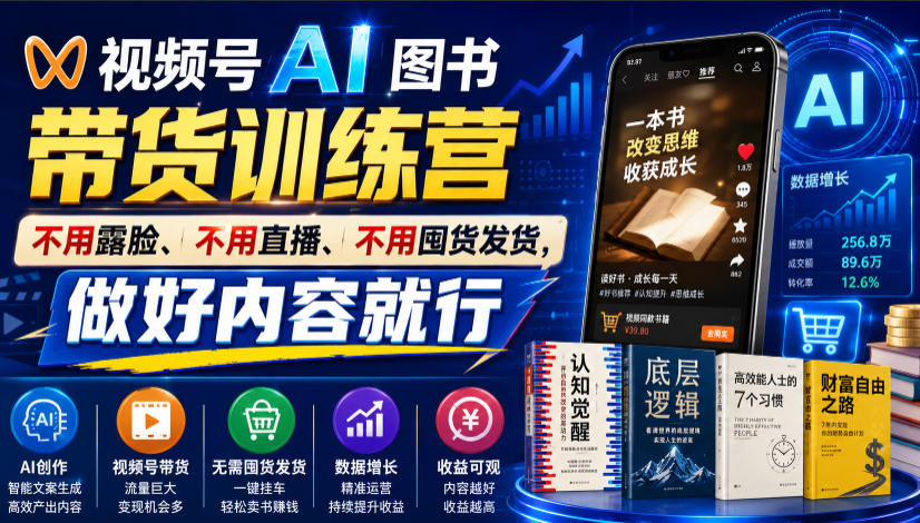 视频号AI图书带货训练营，不用露脸、不用直播、不用囤货发货，做好内容就行，一条爆款视频佣金8942-小二项目网