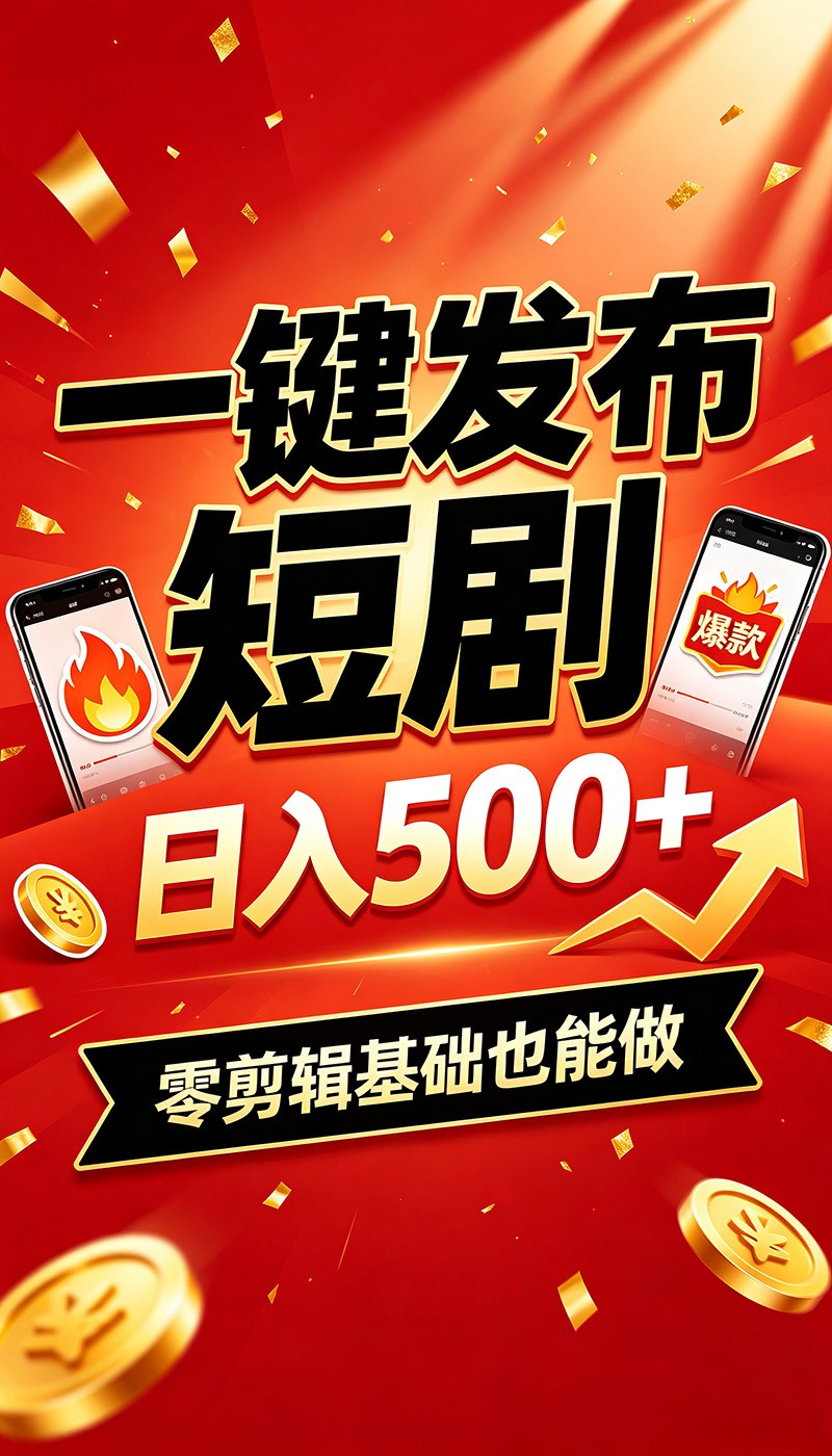 快手短剧一键发布，不用剪辑操作简单，副业日入500+。空闲时间轻松赚收益-小二项目网