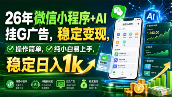 26年微信小程序+AI挂G广告，稳定变现，操作简单，纯小白易上手，稳定日入1k【揭秘】-小二项目网