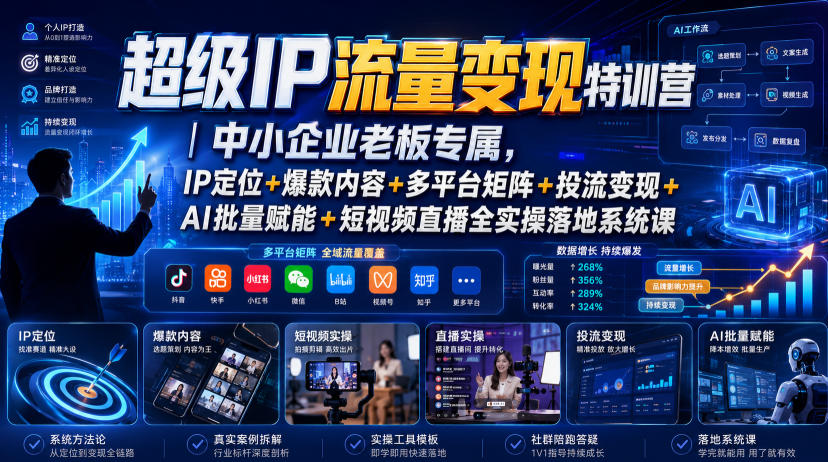 超级IP流量变现特训营｜中小企业老板专属，IP定位+爆款内容+多平台矩阵+投流变现+AI批量赋能+短视频直播全实操落地系统课-小二项目网
