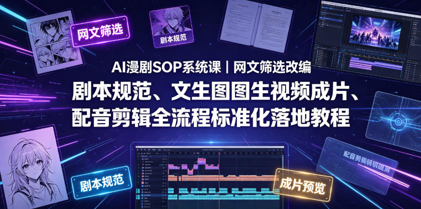 AI漫剧SOP系统课｜网文筛选改编、剧本规范、文生图图生视频成片、配音剪辑全流程标准化落地教程-小二项目网