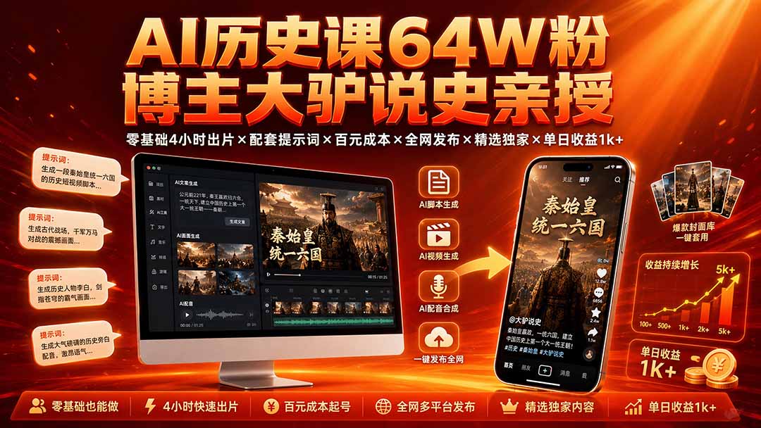 （19557期）AI历史课64W粉博主大驴说史亲授：零基础4小时出片×配套提示词×百元成本×全网发布×精选独家×单日收益1k+-小二项目网