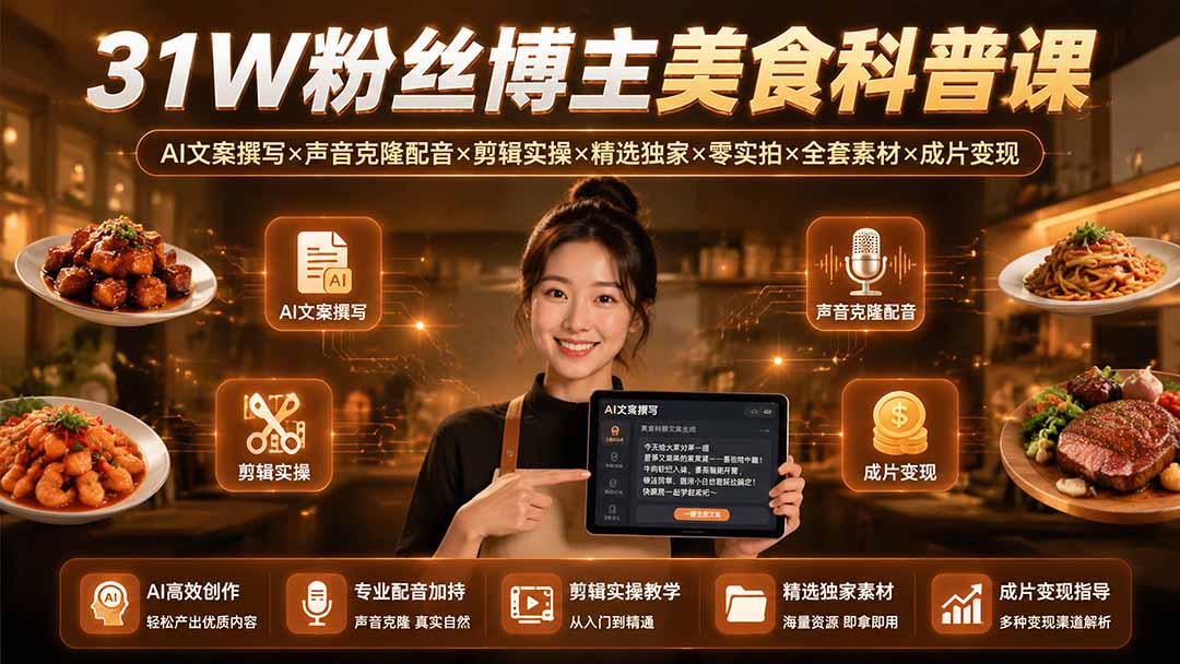 （19558期）31W粉丝博主美食科普课：AI文案撰写×声音克隆配音×剪辑实操×精选独家×零实拍×全套素材×成片变现-小二项目网