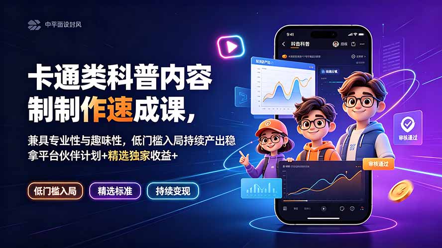（19234期）卡通类科普内容制作速成课，兼具专业性与趣味性，低门槛入局持续产出稳拿平台伙伴计划+精选独家收益-小二项目网