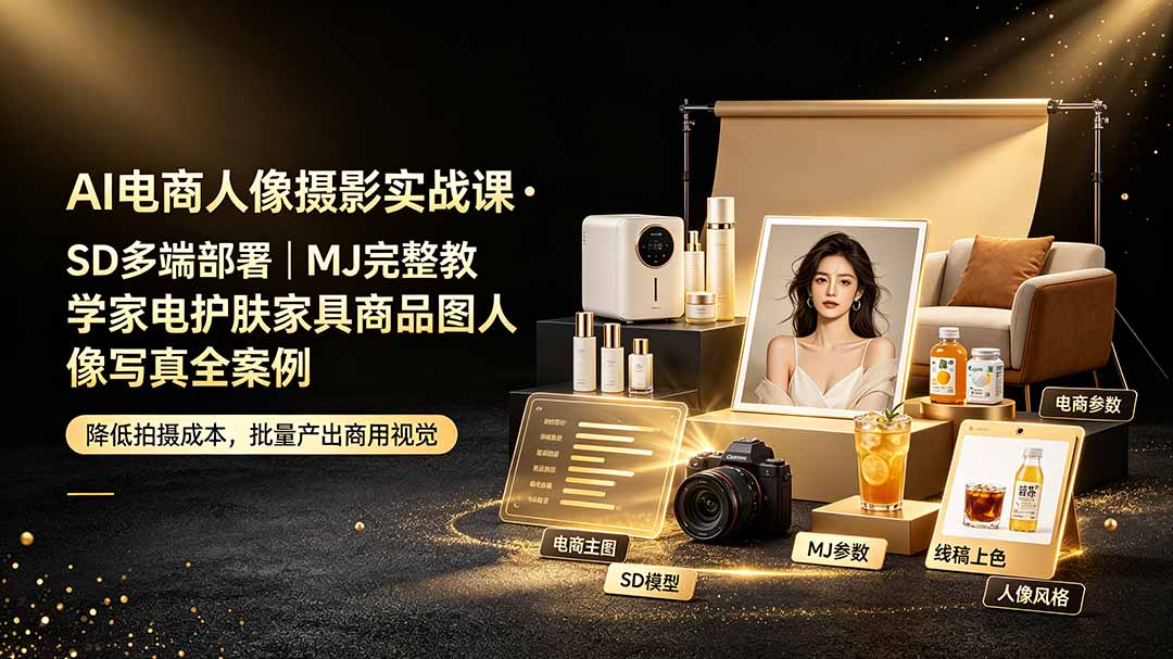 （19262期）AI电商人像摄影实战课·SD多端部署｜MJ完整教学｜家电护肤家具商品图人像写真全案例-小二项目网