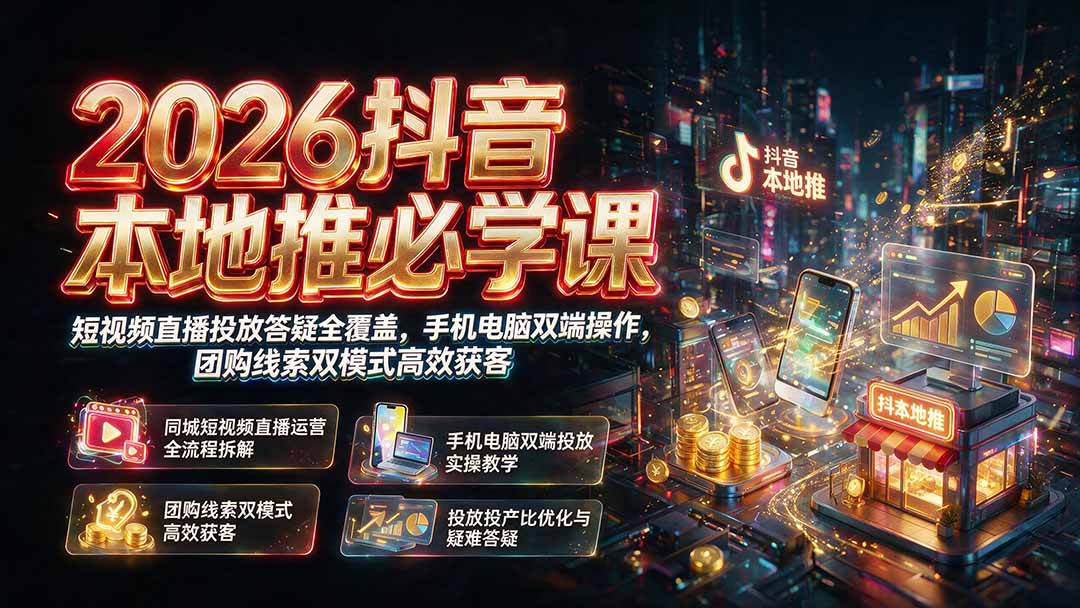 （19618期）2026抖音本地推必学课｜短视频直播投放答疑全覆盖，手机电脑双端操作，团购线索双模式高效获客-小二项目网